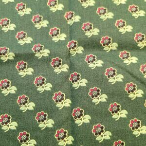 Green Floral Fabric Red Flowers Cotton Blend 25"x44" Slightly Stiff Feel